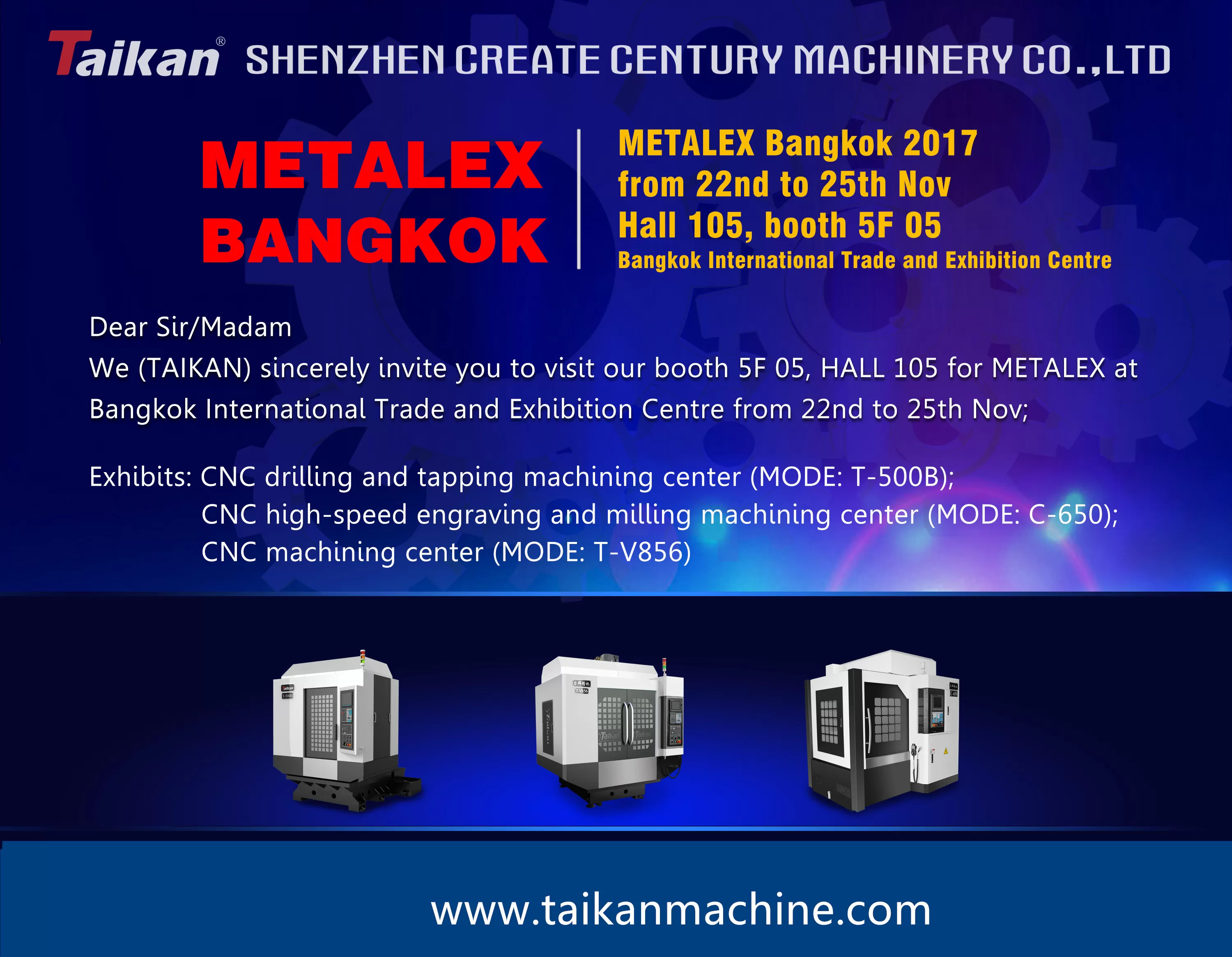 Taikan akan menghadiri METALEX 2017 di Bangkok Thailand